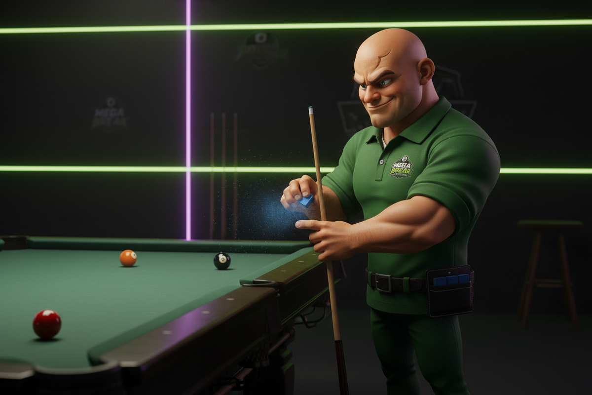 Mega Break mascot chalking his cue with a waist chalk holder