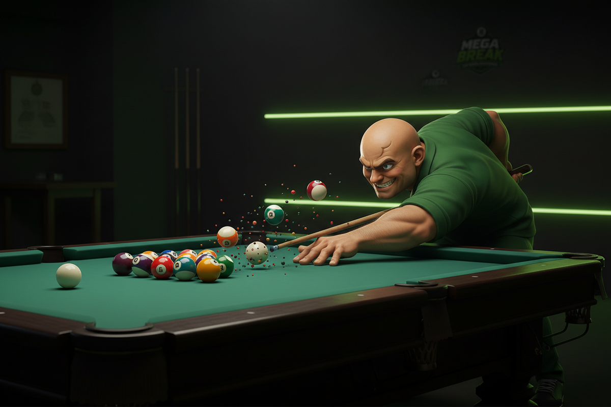 Mega Break mascot using a break cue