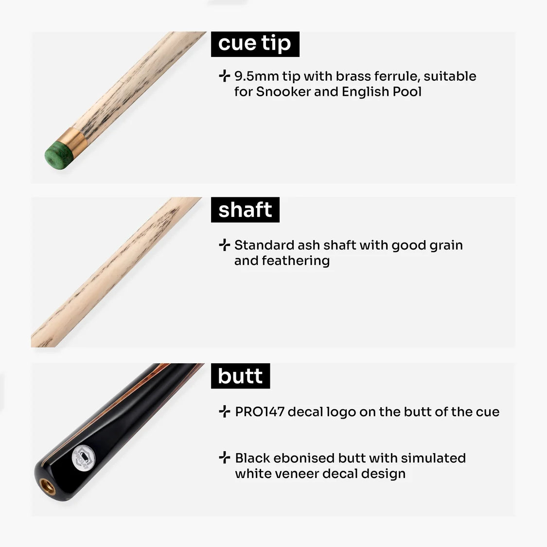 Eclipse 57 Inch ¾ Joint Ash Snooker and Pool Cue with 9.5mm PRO147 Layered Tip