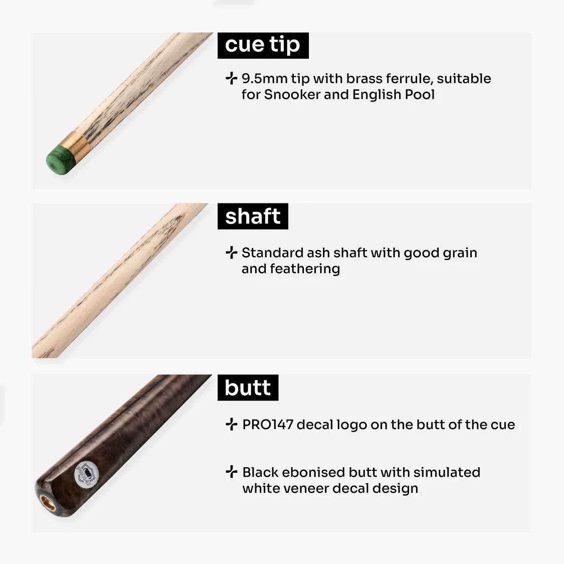 Eclipse 57 Inch ¾ Joint Ash Snooker and Pool Cue with 9.5mm PRO147 Layered Tip
