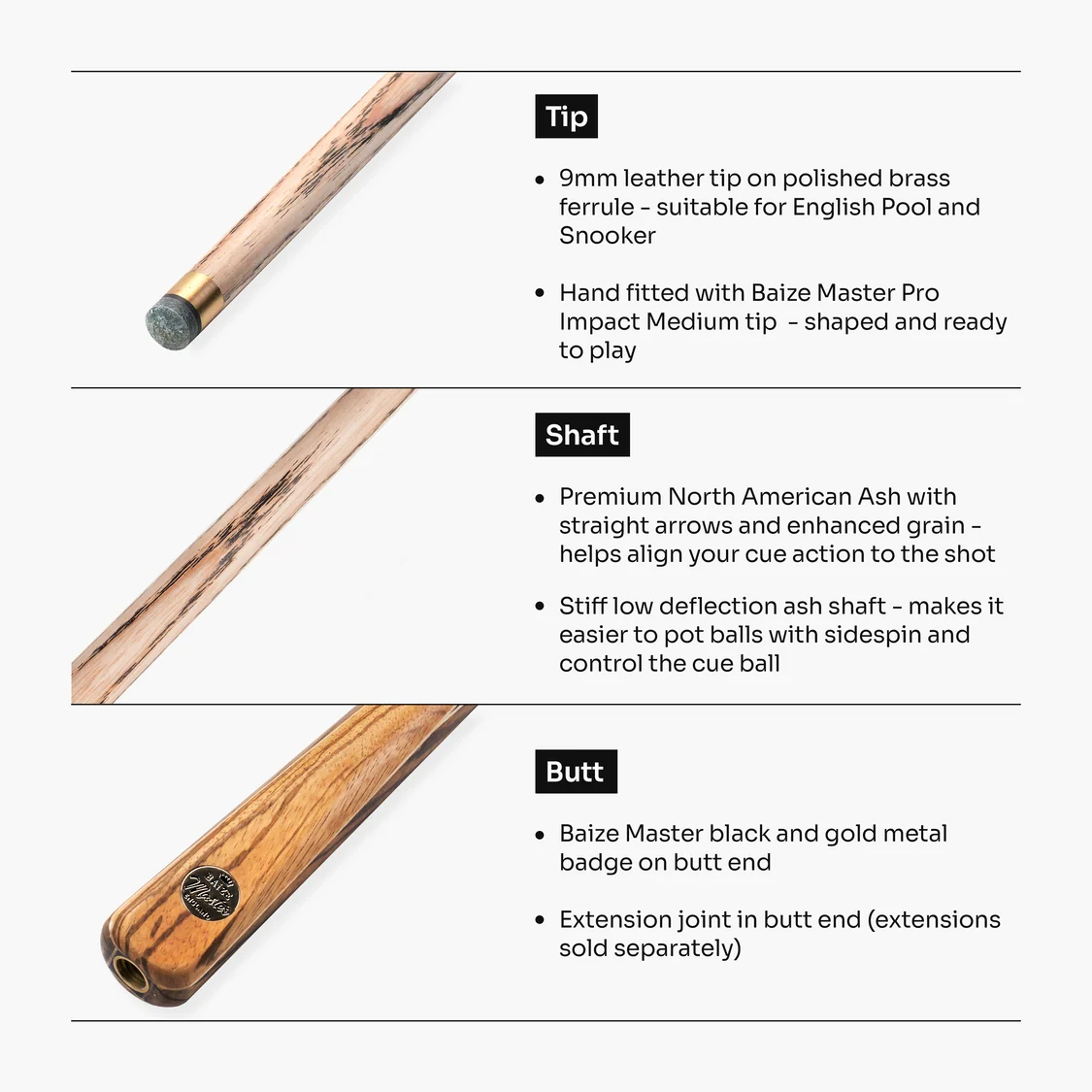 Harvest Marksman 55 Inch ¾ Joint English Pool Cue with 9mm Baize Master Pro Impact Hybrid Tip