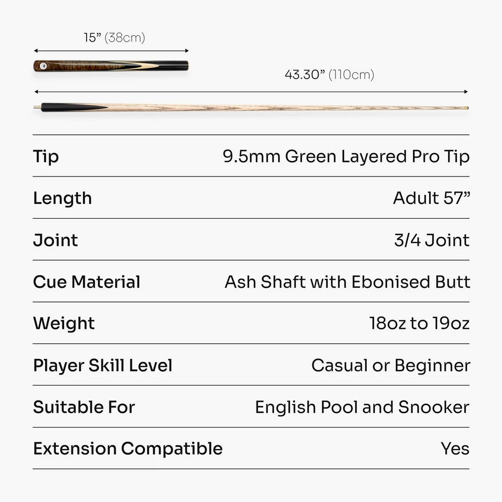 Eclipse 57 Inch ¾ Joint Ash Snooker and Pool Cue with 9.5mm PRO147 Layered Tip