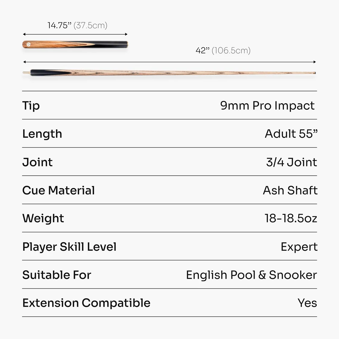 Harvest Marksman 55 Inch ¾ Joint English Pool Cue with 9mm Baize Master Pro Impact Hybrid Tip