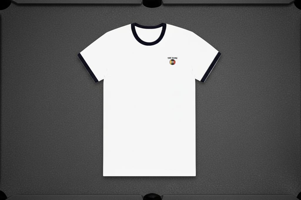 Black trim t-shirt on grey pool table cloth