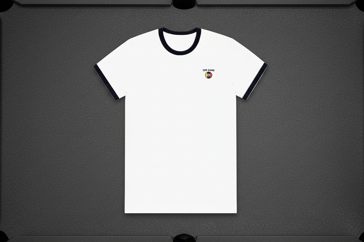 Black trim t-shirt on grey pool table cloth