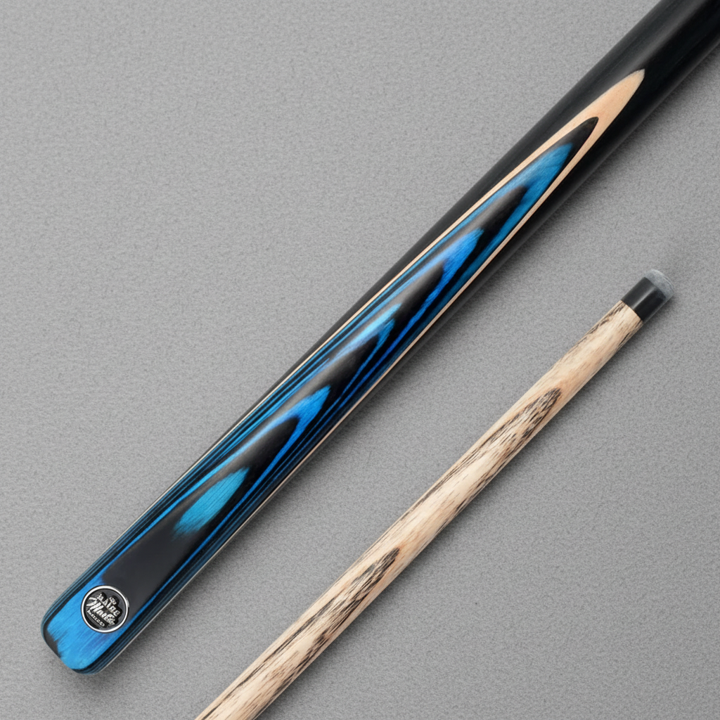 Blue cue on grey pool cloth