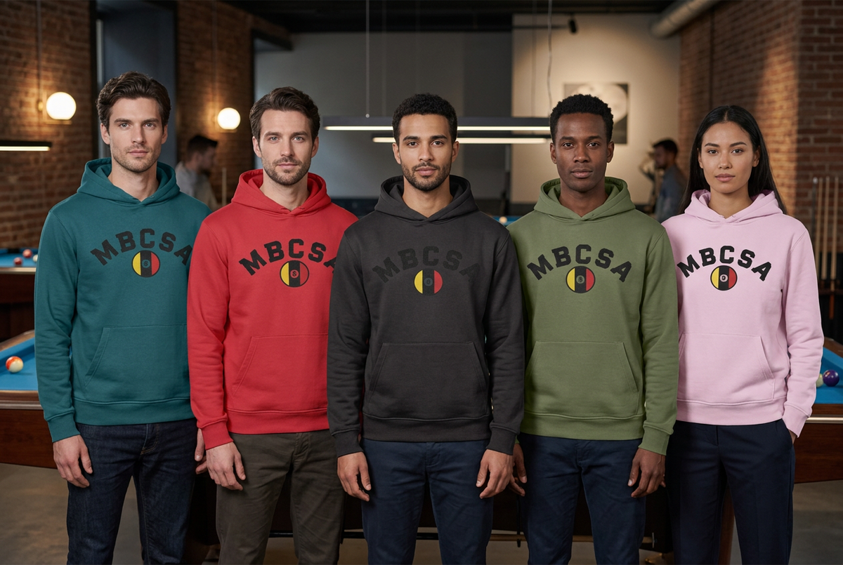 Five models wearing the MBCSA hoodies in a pool hall