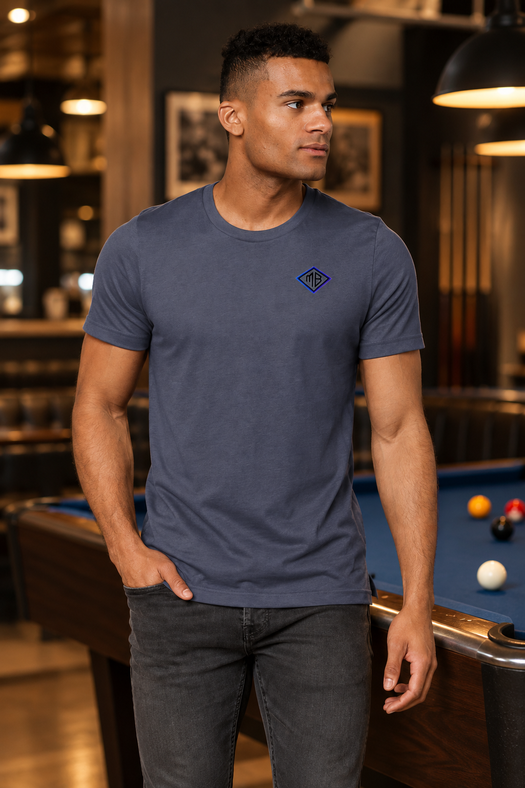 Front model shot of the slate-blue MB T-shirt