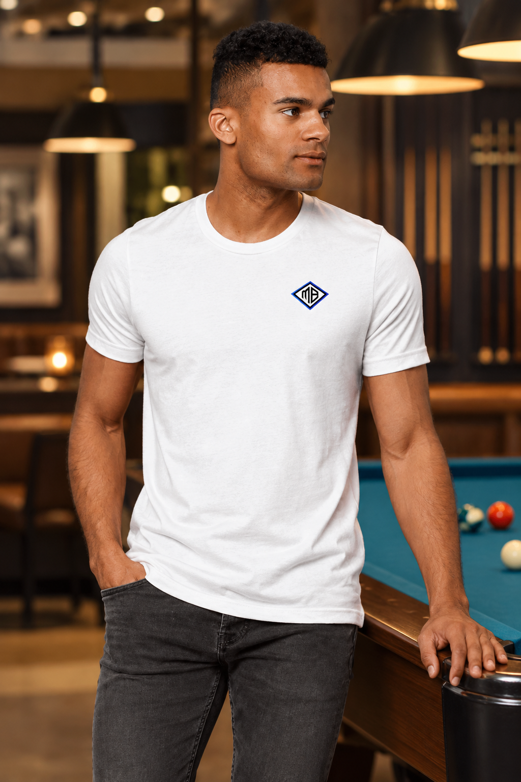 Front model shot of the white MB T-shirt
