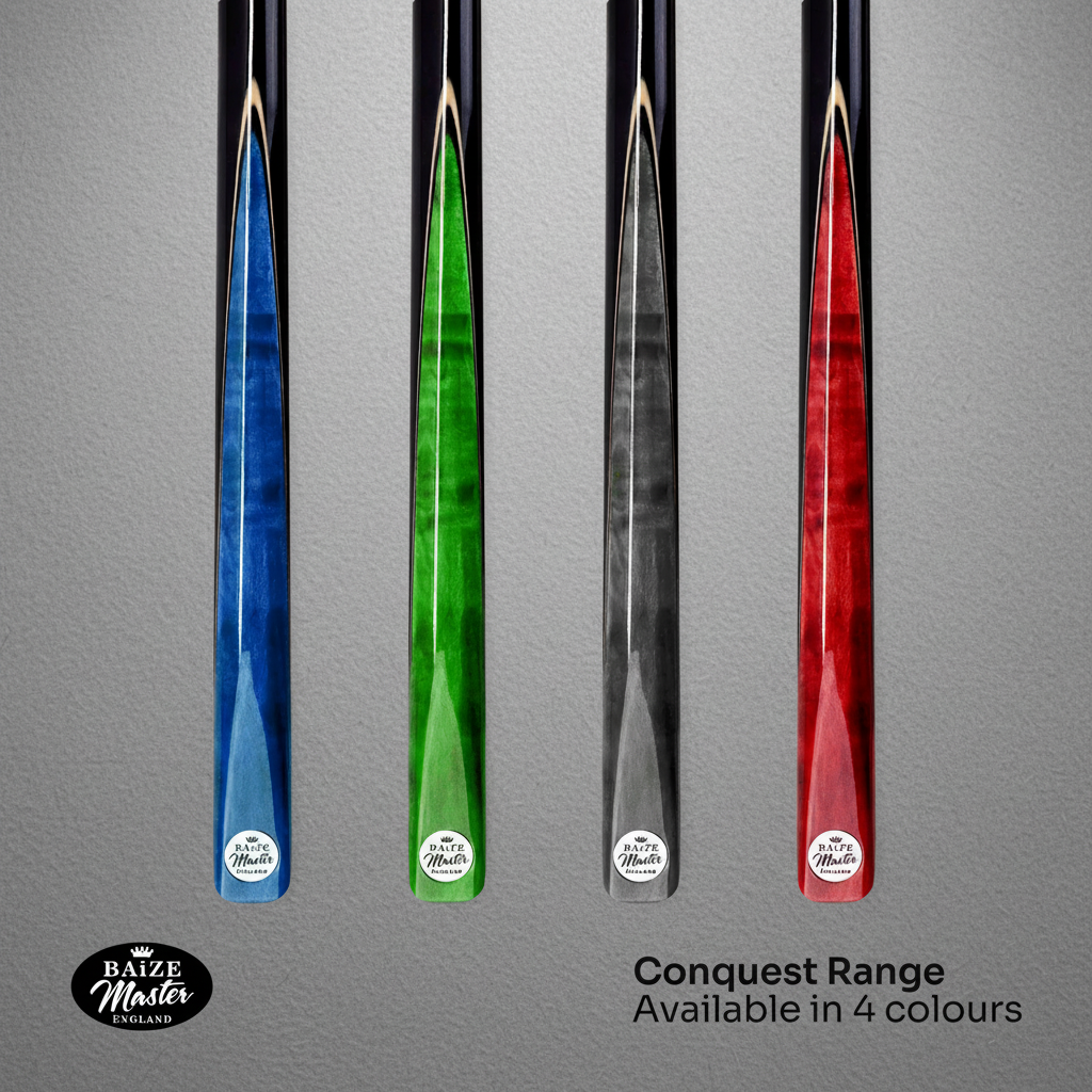 Baize Master Conquest cue range in four colours on grey pool table cloth