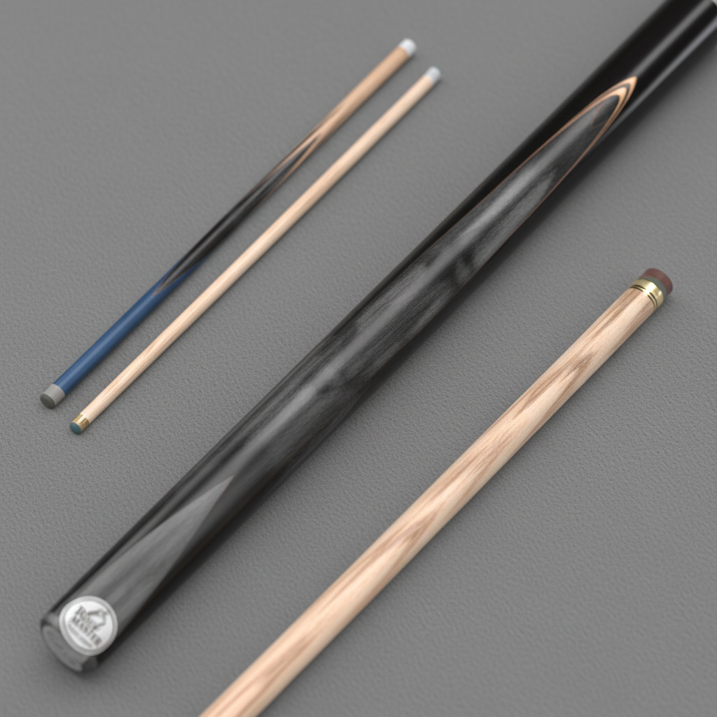 Blue Baize Master Conquest cue on grey pool table cloth