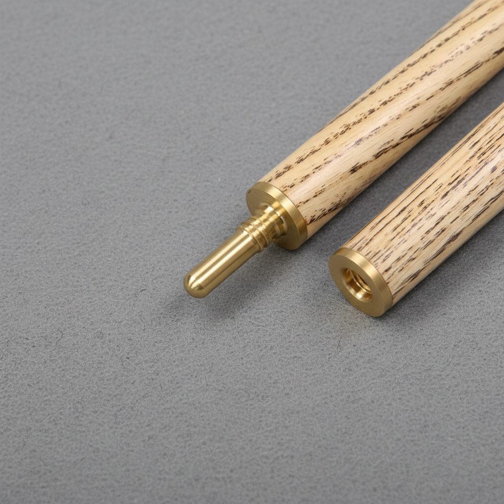 Ash cue quick release joint on grey pool table cloth