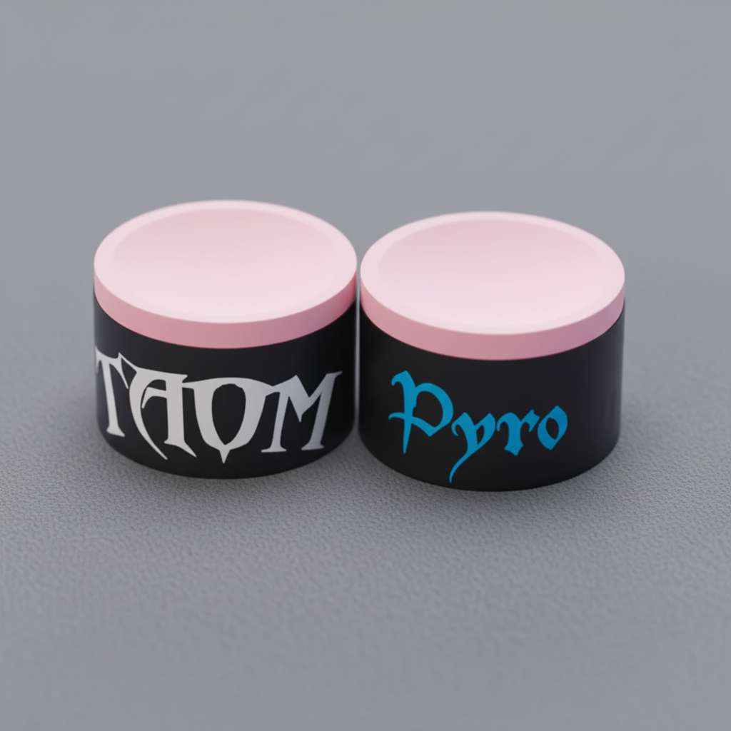TAOM Pink Pyro chalk pair on grey pool table cloth