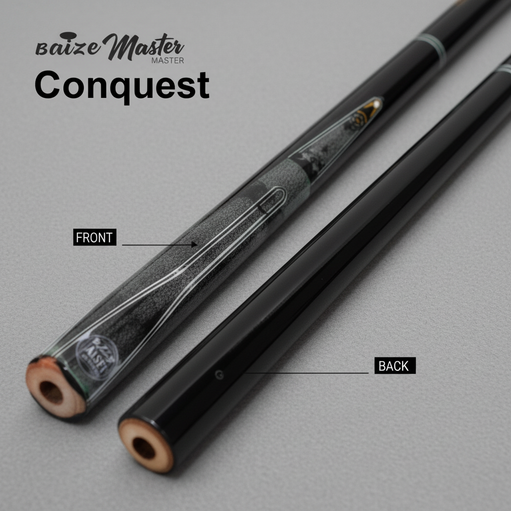 Baize Master Conquest cue front and back on grey pool table cloth