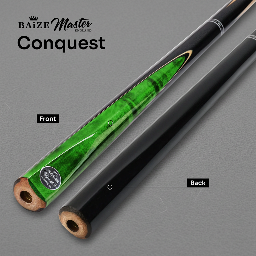 Baize Master Conquest green and black cue on grey pool table cloth