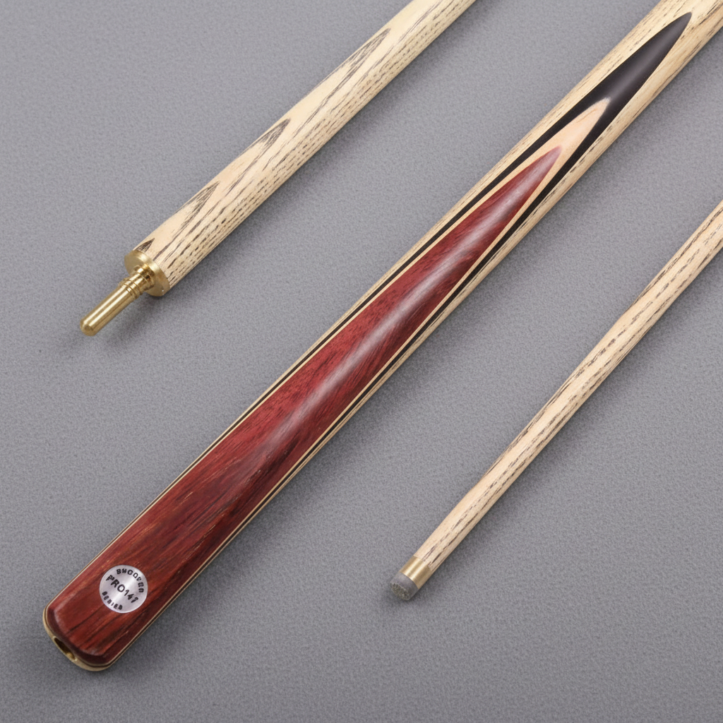 Red ash cue on grey pool table cloth