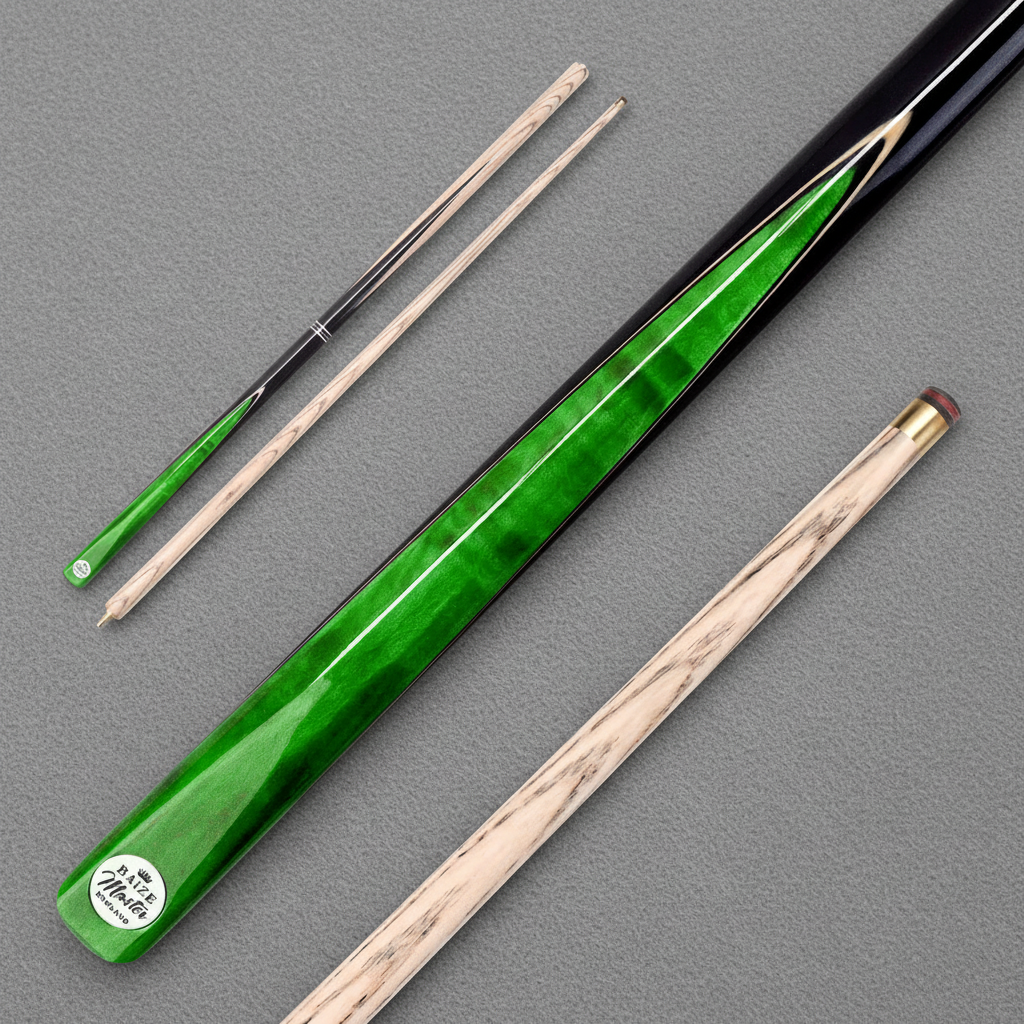 Green Baize Master Conquest cue on grey pool table cloth
