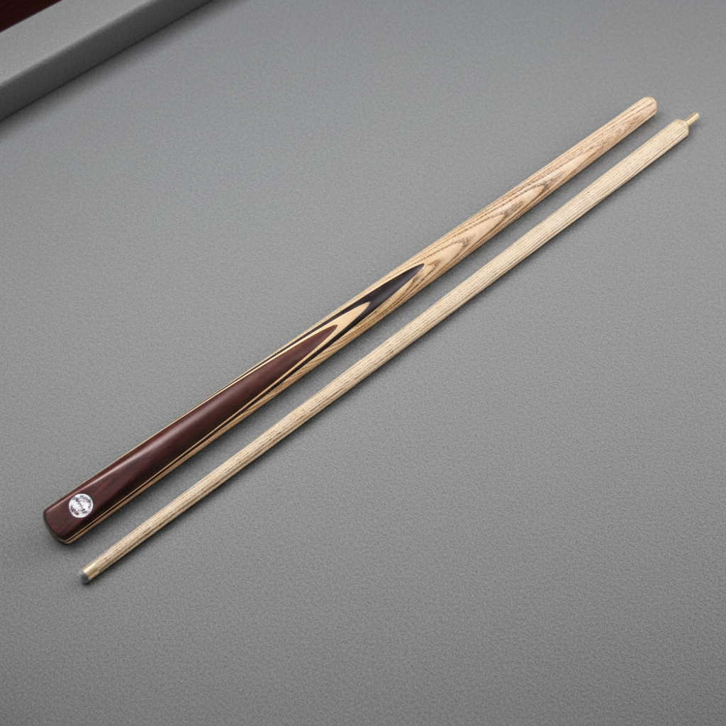 Burgundy ash cue detail on grey pool table cloth