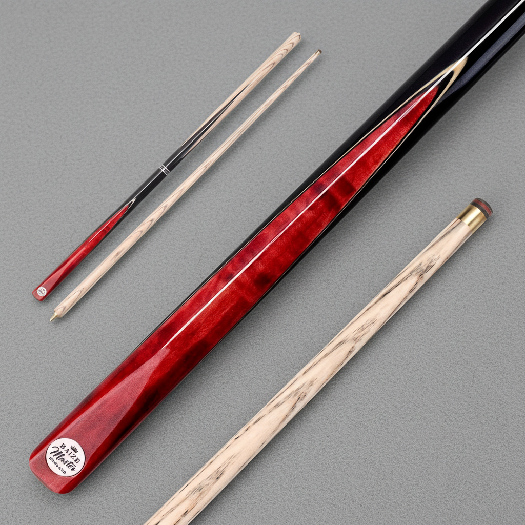 Red Baize Master Conquest cue on grey pool table cloth