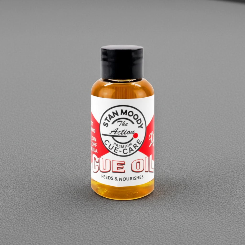 Lynch's Stan The Action Moody Premium Cue Oil on grey pool table cloth