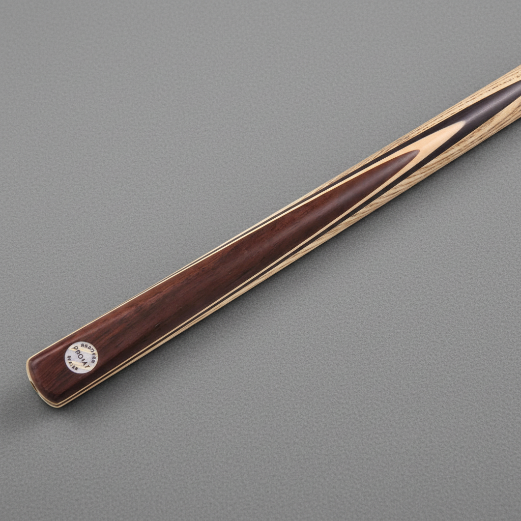 Burgundy ash cue full view on grey pool table cloth