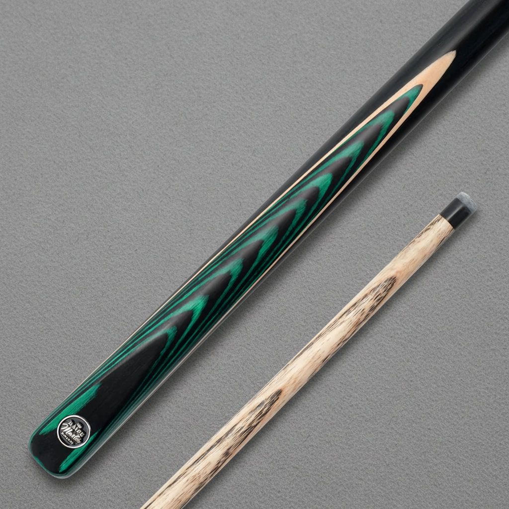 Main green cue on grey pool cloth