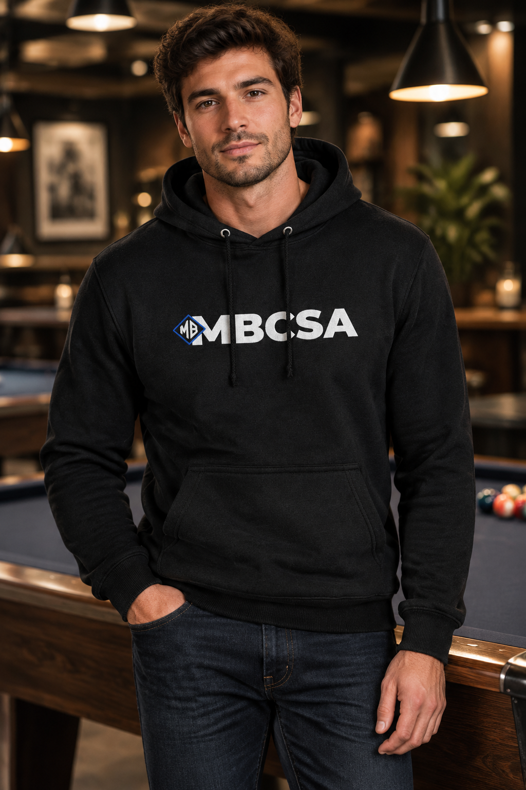 Model wearing the black MBCSA hoodie