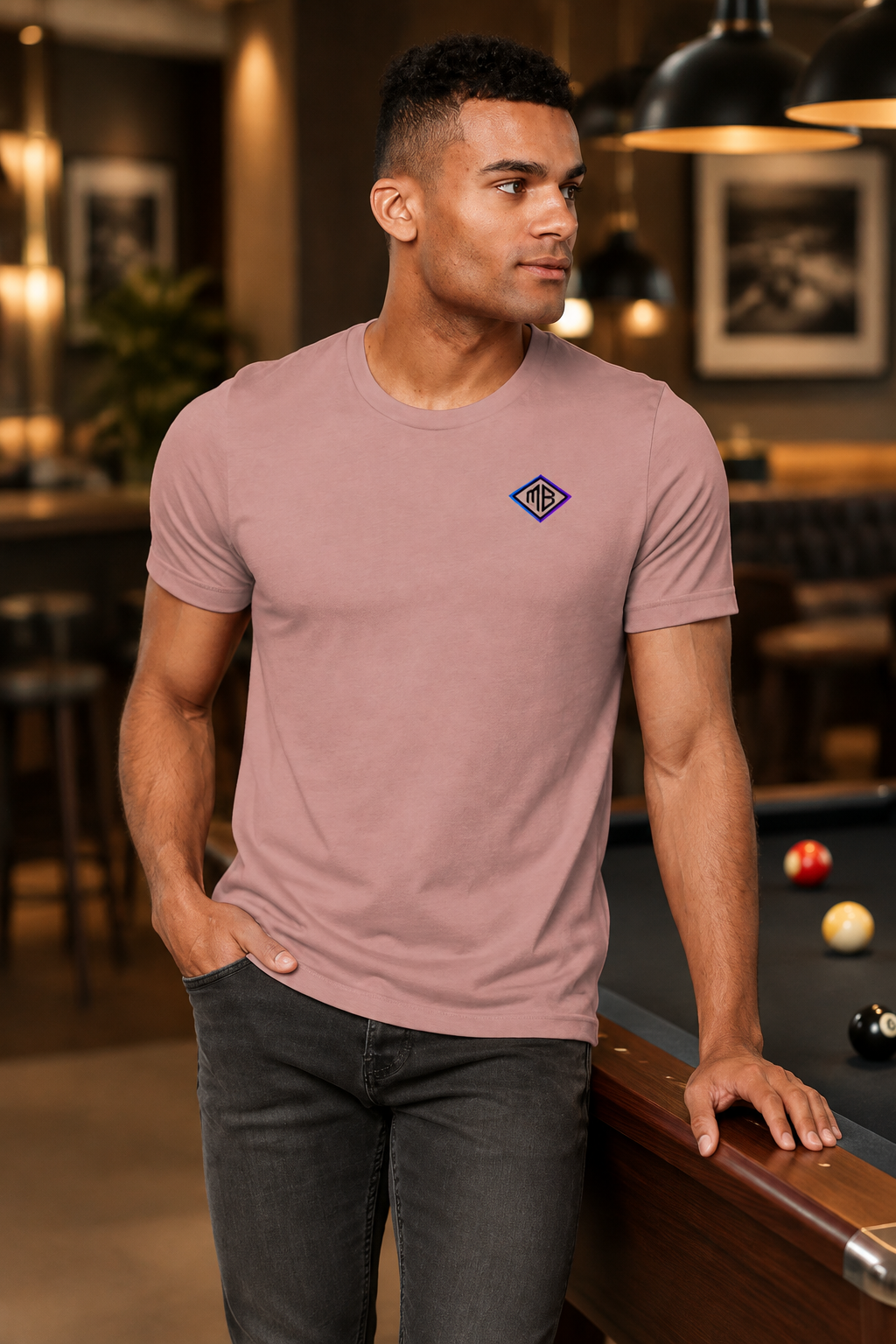 Model wearing the dusty-pink MB T-shirt