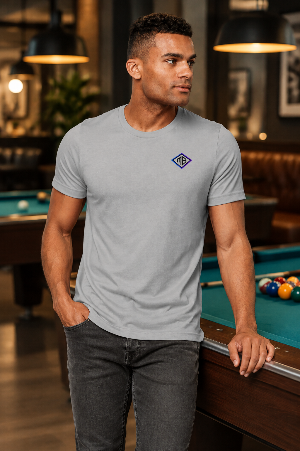Model wearing the grey MB T-shirt