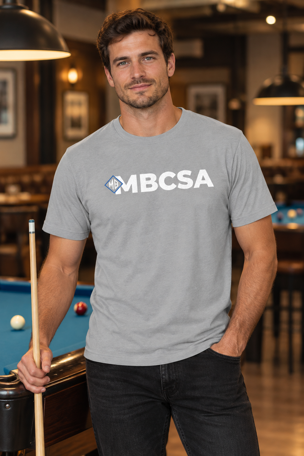 Model wearing the light grey MBCSA T-shirt
