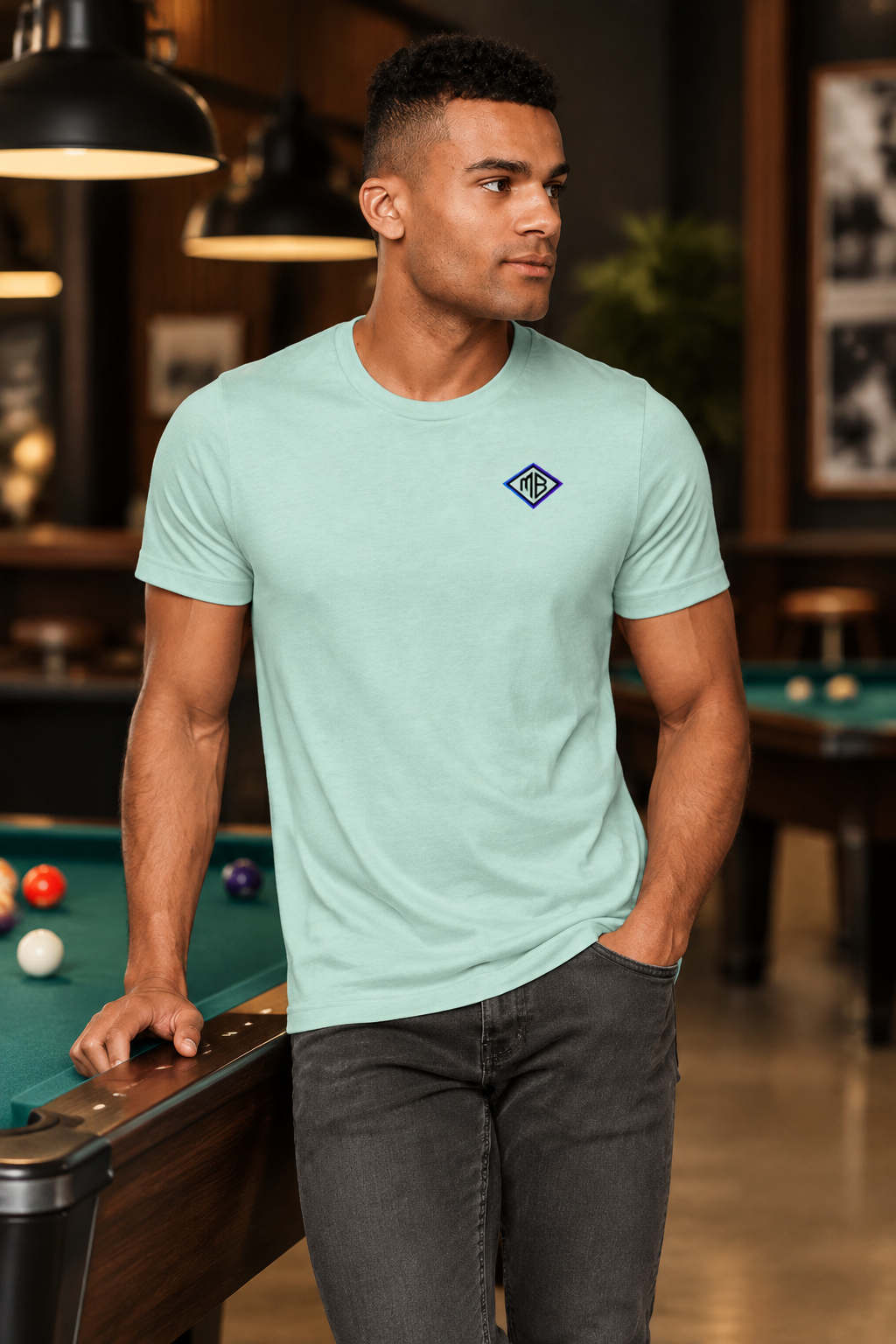 Model wearing the mint MB T-shirt
