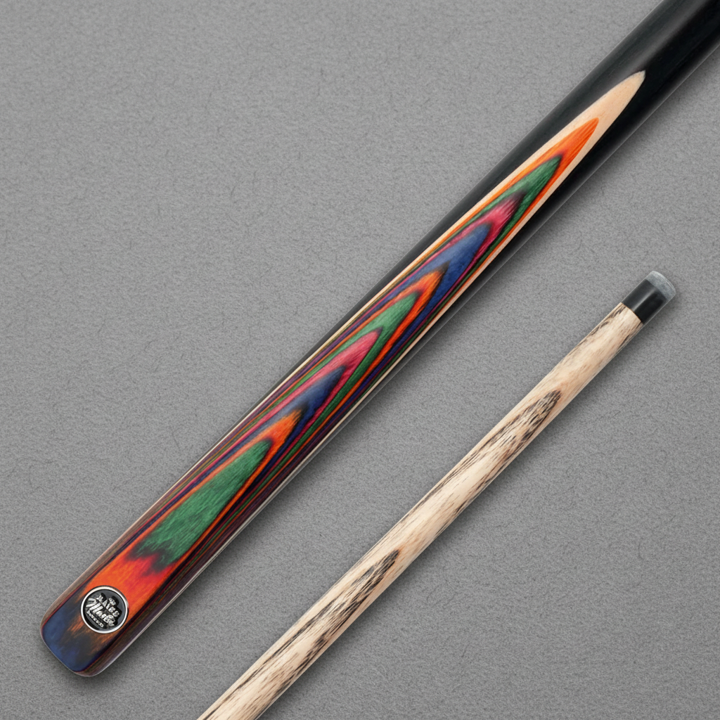 Multicolour cue on grey pool cloth