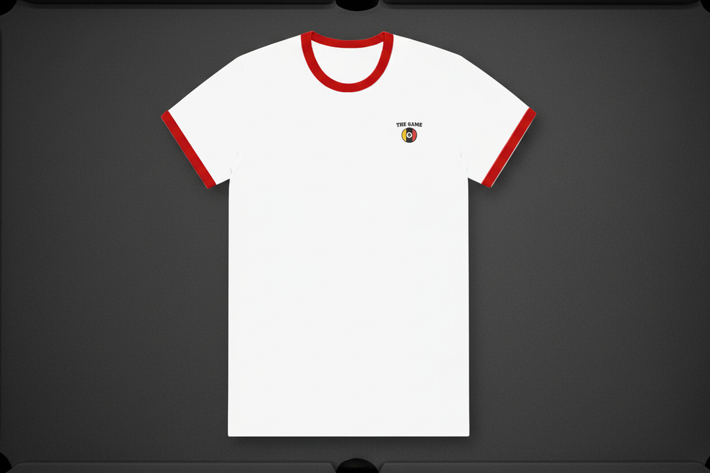 Red trim t-shirt on grey pool table cloth