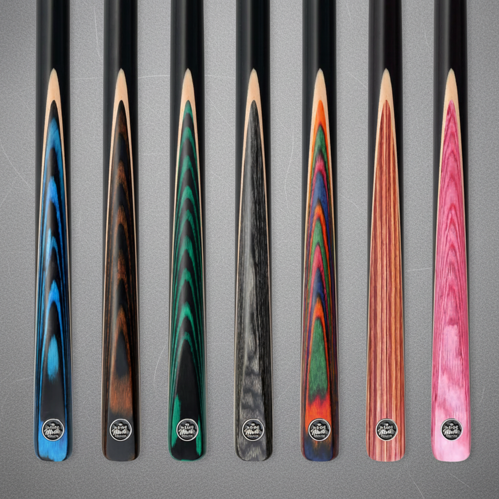 Seven cue butts on grey pool cloth