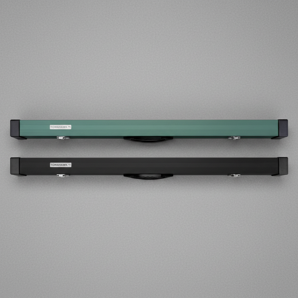 Tomahawk cases on plain grey baize