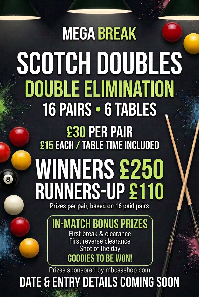 Tournament flyer with “Prizes sponsored by mbcsashop.com”